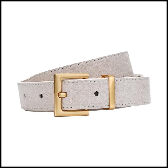 Suede Leather Belt with Gold Square Buckle, Adjustable for Dresses & Jeans